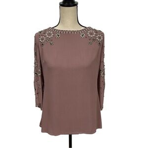Antonio Melani Embellished Silk Blouse Mauve Pink Beaded Top Women’s Size Small